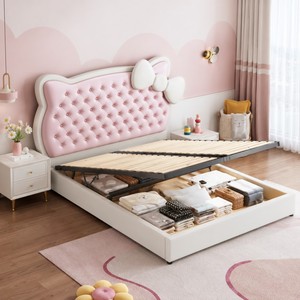 <span class=keywords><strong>Cama</strong></span> de Almacenamiento Tapizada Rosa Princesa con Cabecero Acolchado con Lazo, Estructura con Elevación Hidráulica, <span class=keywords><strong>Cama</strong></span> para Dormitorio de Niñas, OEM ODM, Venta al por Mayor - Product Image 4