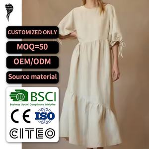 Robe longue maxi décontractée bohème élégante en lin de haute qualité pour femme, patchwork, drapée, sur mesure, tissée unie, été, OEM - Product Image 1