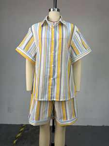 Set 2 Pezzi da <span class=keywords><strong>Donna</strong></span>: <span class=keywords><strong>Camicia</strong></span> a Righe a Maniche Corte <span class=keywords><strong>e</strong></span> <span class=keywords><strong>Pantaloncini</strong></span> con Coulisse - Coordinato Casual Estivo Sehe Fashion - Product Image 3