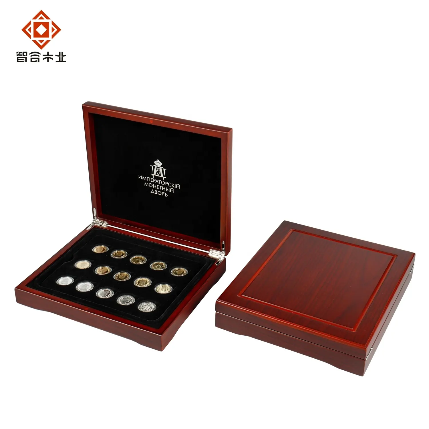 Caixa de armazenamento de moedas de madeira, embalagem personalizada grande marrom do presente
