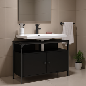 Black Engineered Wood Bathroom Sink Cabinet 48 In Modern Vanity Floor Standing Ceramic Basin - Product Image 2