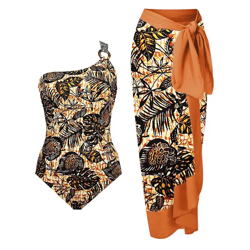 Summer 2023 New Product Vintage One Shoulder Print One Piece Swimwear With Long Skirt Women Beach Wrap