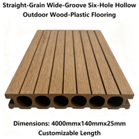 Plancher composite d'extérieur WPC à 6 cavités, 140 mm x 25 mm, lisse, à clipser, grain droit, rainures larges, longueur personnalisée 4000 mm