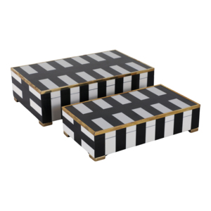 Scatola Decorativa Rettangolare con Piedini, Moderna in Resina e Legno con Coperchio, Porta Gioielli, Organizer per Casa, Nero Bianco a Righe con Finiture Dorate - Product Image 1
