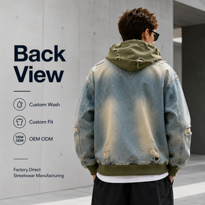 IKDEER Sudadera con Capucha de Mezclilla para Hombre, Estilo Vintage Y2K, con Bloques de Color Desgastados, Efecto Descolorido por el Sol, <span class=keywords><strong>2</strong></span> en 1, con Letras, 500 GSM, con Botones, Personalizada OEM - Product Image 2