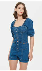 Monos de Jean con manga abombada para <span class=keywords><strong>mujer</strong></span>, pantalones cortos, ropa de <span class=keywords><strong>mujer</strong></span>, pantalones <span class=keywords><strong>vaqueros</strong></span>, ropa de tela vaquera, traje de gato con manga de burbuja - Product Image 3