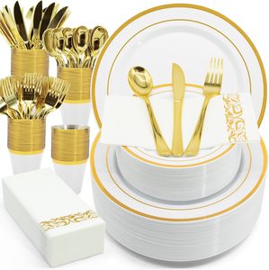 175 piezas de platos de plástico dorados con cubiertos desechables, vasos y servilletas, juegos de vajilla <span class=keywords><strong>para</strong></span> fiestas de boda - Product Image 1
