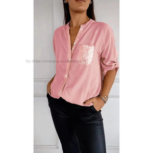 Round Neck Sequin <b>Patchwork</b> Three Quarter Sleeve Women's Solid Color <b>Shirt</b> Blouse Top Fashion - Product Image 1
