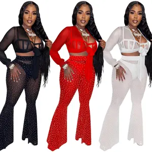 Sexy Party Club Mesh Steentjes Drie Delige Set Vrouwen Kleding Hollow Out Mesh See Through Lace Up Vrouwen 3 Stuk set Kleding