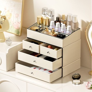 Cosmetic <b>Storage</b> <b>Box</b> With Drawers Leather Makeup Organizer Desktop Skincare Jewelry Holder High Capacity Dressing Table Rack - Product Image 1
