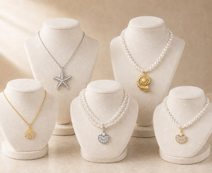 Collar con Colgante de Concha Marina, Estrella de Mar y Caracola, Color Dorado, Color Plateado, Joyería con Aspecto de Perla para Mujer - Product Image 1