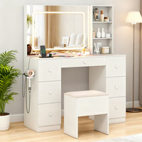 Coiffeuse de chambre moderne en bois d'ingénierie avec miroir et éclairage LED, ensemble table de maquillage et tabouret pour maison et appartement