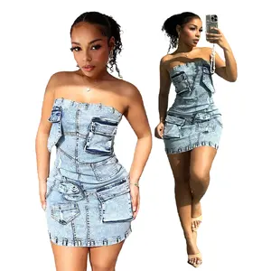 Neuer Sommer schulterfreies Rohrobjekt trägerloses Kleid sexy rückenfrei enges Mini-Denim-Kleid Damenmode 3D-Taschen-Denim-Kleider