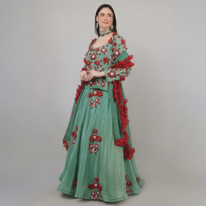 Women’s Designer <b>Lehenga</b> Choli with <b>Red</b> Flower Beads Cut dana & Pearl Work Fashionable Wear For Celebration - Product Image 1