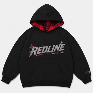 Custom 450GSM Cotton Hoodie Red Plaid Hood Heavyweight French Terry Raglan Sleeve Boxy Fit Washed Black <b>Pullover</b> OEM <b>Men</b> Hoodie - Product Image 1