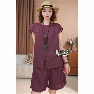 Women's Cotton Linen Two Piece Set Sleeveless Top Shorts Navy Blue Casual Summer Outfit Breathable Solid Color - Product Image 4