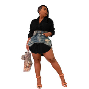 Abito camicia monopetto manica lunga e gonna in Denim irregolare Set due pezzi <span class=keywords><strong>donna</strong></span> 2023 - Product Image 3