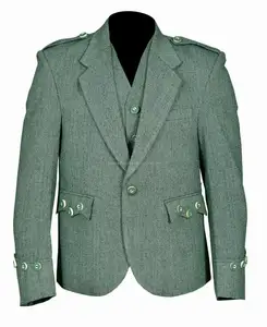批发定制绿色阿盖尔短裙夹克，带5个纽扣背心苏格兰婚纱