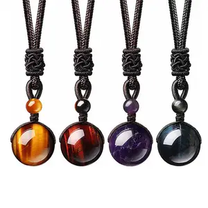 SC vente chaude cristal naturel pierre Yoga collier hommes Protection 16mm oeil de tigre améthyste noir obsidienne pendentif collier