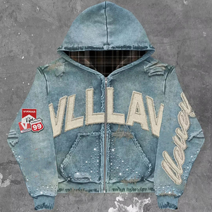 Fabricante OEM, Ropa Urbana Personalizada, Sudadera con Capucha Extra Grande con Pedrería, Pantalones Vintage Desgastados Transpirables para Invierno, para Hombre - Product Image 4