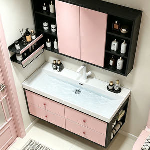 Mueble de Baño Moderno de Mediados de Siglo, Estilo <span class=keywords><strong>Bauhaus</strong></span>, con Espejo Pintado en Cerámica, Paneles Laterales Negros y Rosas, Gabinete de Almacenamiento - Product Image 5