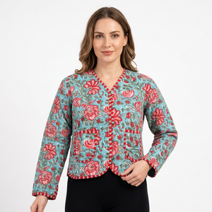 Veste en coton respirant matelassée de style bohème indien faite à la main, nouveau style, imprimé floral, tissu tricoté, vêtements décontractés pour femmes - Product Image 1
