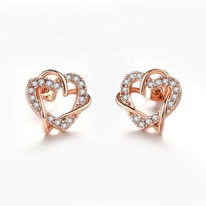 गर्म बिक्री गुलाब सोने का रंग डबल दिल आकार क्यूबिक जिरकोनिया पेल्ड बालियां महिलाओं के फैशन प्रेम गहने उपहार - Product Image 2