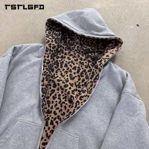 Sweat à capuche réversible imprimé léopard gris, coupe et couture, épais, double face, zippé, style streetwear, vente en gros - Product Image 6