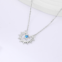 Nouveau Collier en Argent Sterling 925 avec Opale Synthétique Bleue, Pendentif Céleste Soleil Lune Étoile, Chaîne Câble
