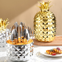 Ensemble de 24 couverts en acier inoxydable poli miroir avec support de rangement en ABS motif ananas pour fêtes, banquets et dîners