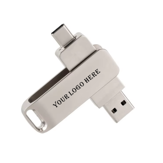 New 2-in-1 OTG USB 2.0/3.0 USB-C Metal Swivel Flash Drive with Custom Logo (CE/FCC/RoHS Certified) 8GB/16GB/64GB 1-Year Warranty