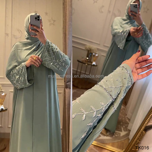 عباية نسائية فاخرة بلون سادة بتصميم دبي، ثوب للعيد والحج بأكمام طويلة، ملابس محتشمة بتطريز يدوي بالخرز، زي إسلامي تقليدي - Product Image 4