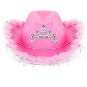 Nouveaux chapeaux de cowgirl roses de style occidental unisexes, chapeau Fedora à bord roulé avec bordure en plumes pour festival, fête, pêche, au design féminin - Product Image 4