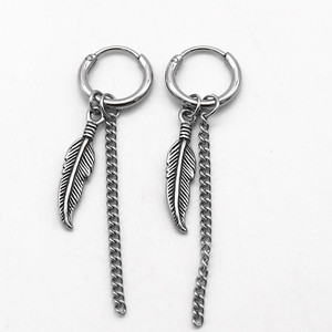 yunnique Tibetan <b>Silver</b> Feather <b>Drop</b> <b>Earrings</b> Titanium Steel Studs Round Hoop Long Chain Dangle <b>Earrings</b> For Couples Gift - Product Image 2
