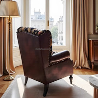 Europäischer Vintage Einzels ofa Sessel Blumen polster Leder Wingback Lounge Chair für Wohnzimmer