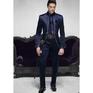 Men Suits Slim Fit Italian Embroidered Satin Navy Blue For Wedding Formal Skinny Stylish Male Blazer Party Custom Tuxedo Set2022