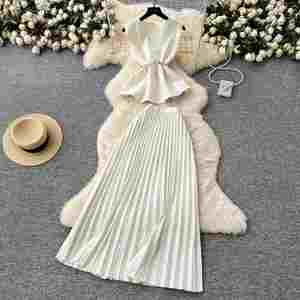 Conjunto Casual de Verano para Mujer, Tejido Sólido, Cuello Redondo, Sin Mangas, Top Tipo Túnica con Lazos, Falda Midi de Cintura Alta, Poliéster/Algodón - Product Image 2