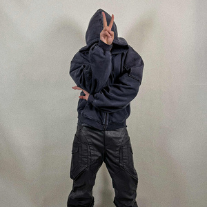 Veste à capuche zippée courte noire délavée avec patchwork et logo personnalisé, style streetwear, vente en gros - Product Image 4