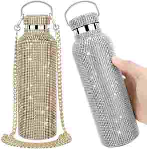 Crystal Diamond Rhinestone Undulated Double Layer 304 Stainless Steel Insulated Water <b>Bottle</b> With 500Ml Hot Water Thermos Cup - Product Image 3