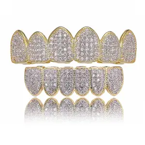 Rapper Jewelry Wholesale Iced out Micro Pave Pink Cz Teeth Caps Grillz Top and Bottom Artificial Teeth Set Grills