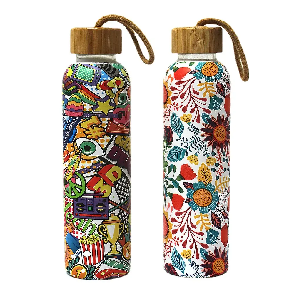 Full Wrap Borosilicate 600ml Water Bottle Natural Bamboo Glass Water Bottle with Bamboo Lid Not Applicable Boiling Water