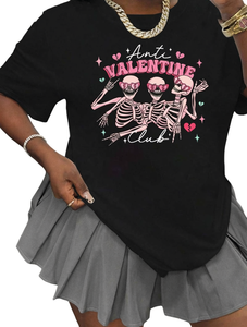 T-shirt da donna con stampa teschio Anti Valentine Club, taglie forti, manica corta, girocollo, vestibilità ampia casual, 100% cotone, primavera estate - Product Image 1