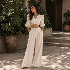 Ensemble de vacances deux pièces de qualité supérieure - Blouse élégante à manches bouffantes style bohème en lin/coton respirant et écologique - Product Image 1