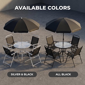 Set di Mobili da Esterno Moderni in Metallo Pieghevoli, Resistenti all'Acqua e ai Raggi UV, con 6 Pezzi: 4 Sedie, 1 Tavolo e 1 Ombrellone - Product Image 1