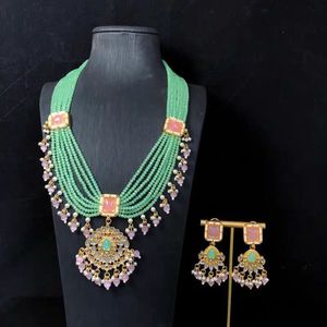 Parure de bijoux vertes pour femme, style indien traditionnel, collier Kundan, perles longues de Tahiti, style bohème, Punjabi - Product Image 2