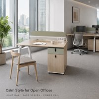 Poste de travail modulaire de direction en bois avec cloison d'intimité, écran de séparation, prise de courant et armoire de rangement sécurisée verrouillable