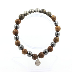 Pyrite from Spain + Hematite + wood 8 mm <b>beads</b> <b>Bracelet</b>. Made in France - Product Image 1