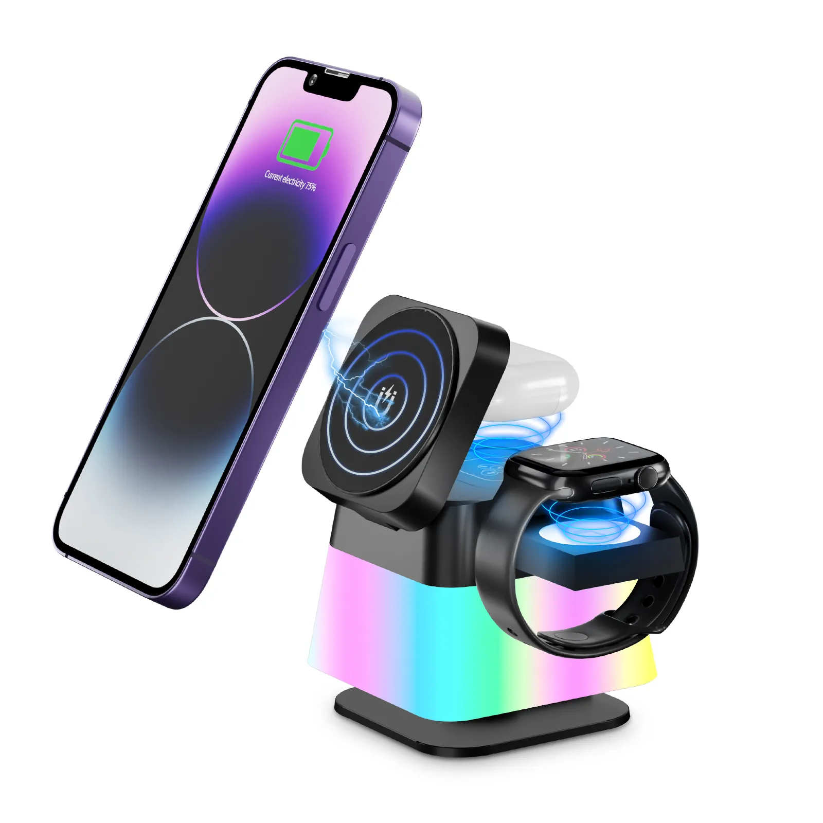 3-in-1 Folding Magnetic RGB Dream Lamp Effect Desktop Wireless Charging Watch Earbuds Mobile Phone Multifunction Chargers