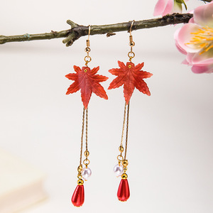 New Chinese style earrings, antique style women's ear <b>clips</b>, red maple leaf Chinese style tassel earrings, Hanfu accessories. - Product Image 1