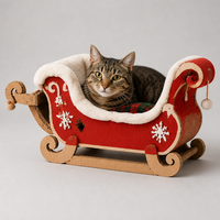 Lit pour chat en carton ondulé, forme de traîneau du Père Noël, griffoir en forme de traîneau, lit traîneau de 54 cm avec coussin